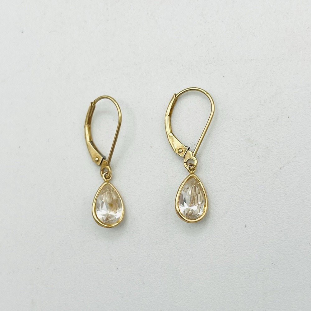 14K Yellow Gold JCM Teardrop Pear Cut Cubic Zirconia Leverback Earrings